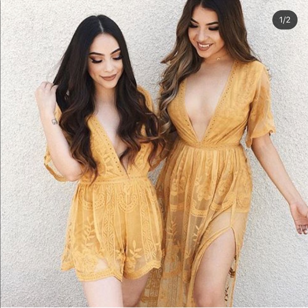 OOTDFash Yellow Mustard Lace Romper